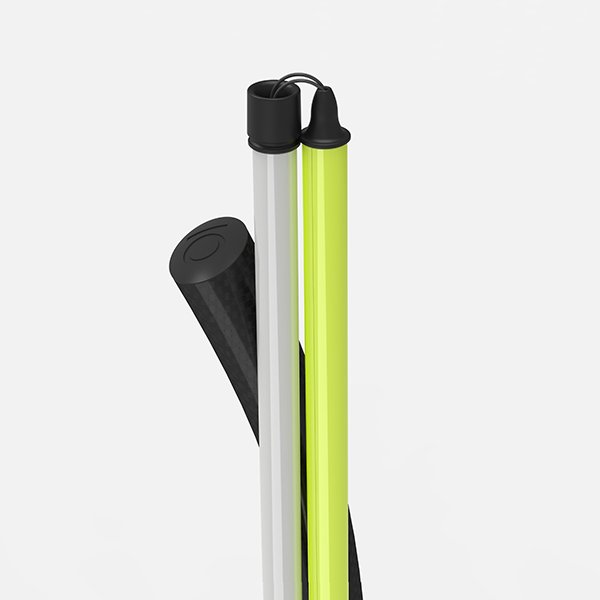 The handle and the two stick segments of the White Cane IO are connected by a rope.